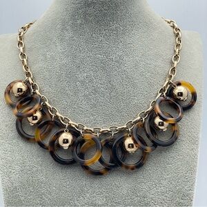 Faux Tortoise Shell & Gold Statement Necklace with Rings and Bead Accents